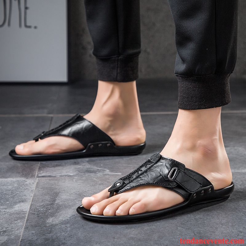 Chaussons Tongs Homme Été Antidérapant Tendance Sandales Plage Cuir Véritable Noir