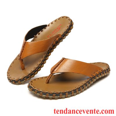 Chaussons Tongs Homme Été Cuir Cuir Véritable Plage Antidérapant Tendance Brun