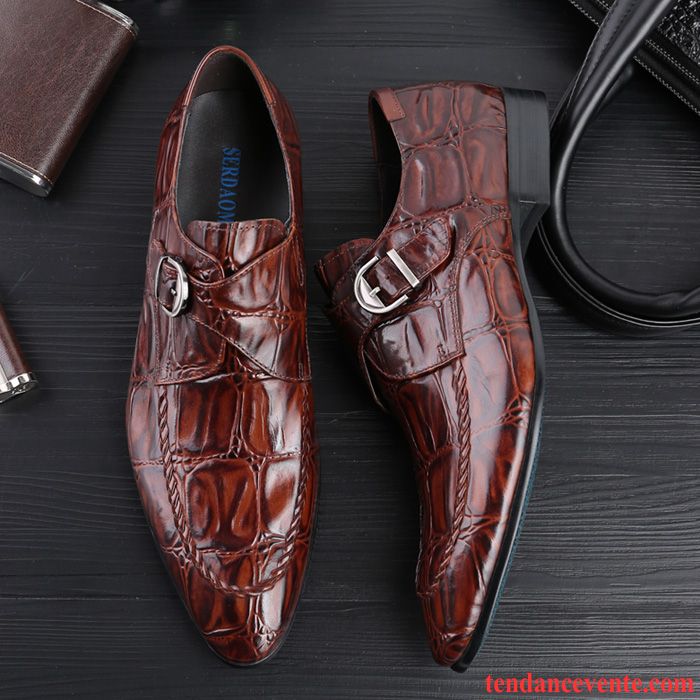 Chaussure Derbies Homme Ete L'automne Marron Pointe Pointue Crocodile Cuir Véritable Homme Printemps Angleterre Entreprise Respirant Bronzer