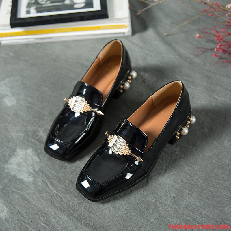 Chaussure Femme Derbies Cuir Verni Perle Tête Carrée Imitation Strass Angleterre Femme Tendance Épais Taillissime