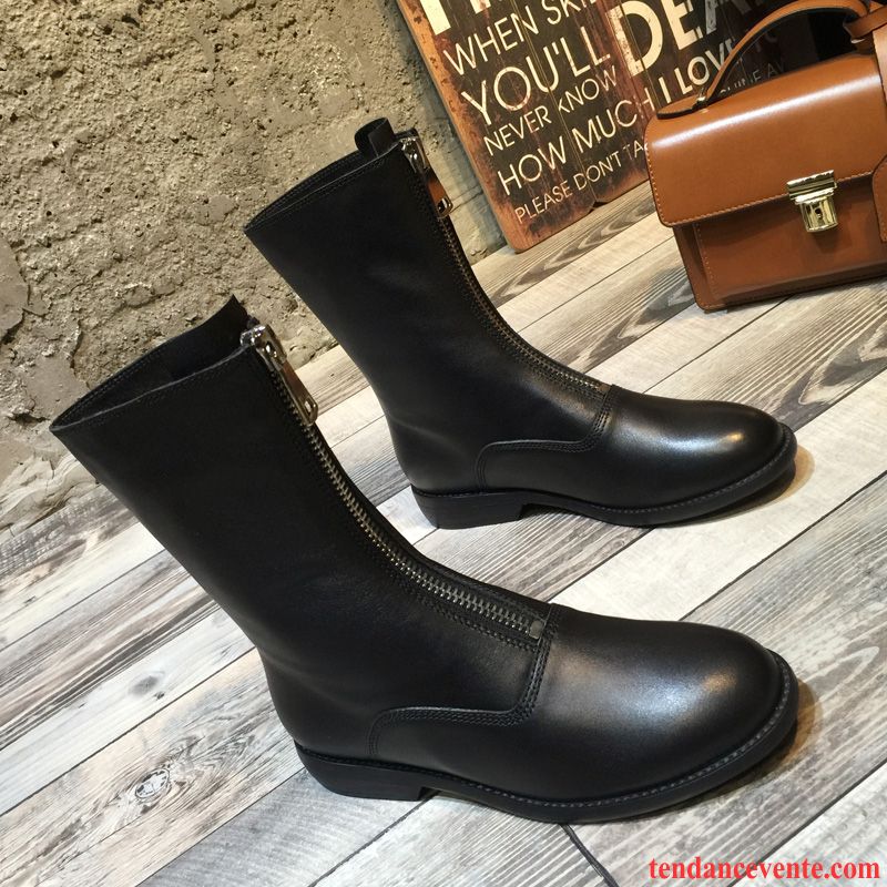 Chaussures Bottes Femmes Marques Cuir Véritable Rétro Femme Hiver Plates Fermeture Éclair Noir L'automne