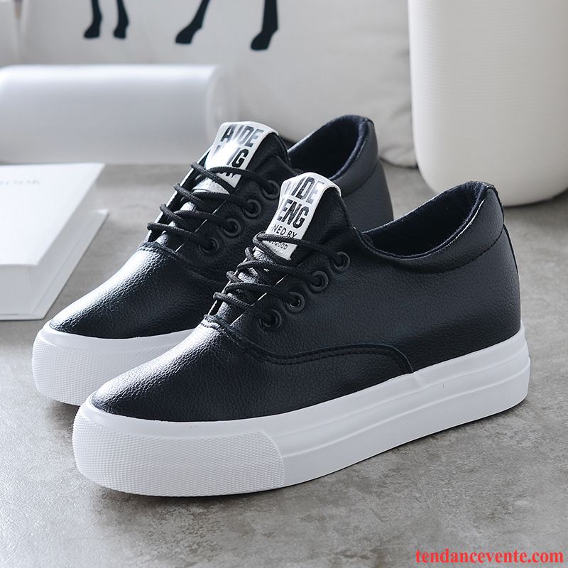 Chaussures De Skate Pour Femme Étudiant Printemps Tendance Femme Blanc En Cuir Mode Derbies Laçage Augmenté Décontractée Semelle Épaisse Bleu Vente