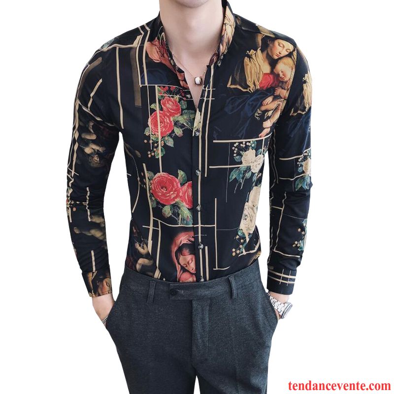 Chemise Beige Pas Cher Noir Longues Tous Les Assortis L'automne Floral Chemise Homme Tendance Slim Décontractée Lilas