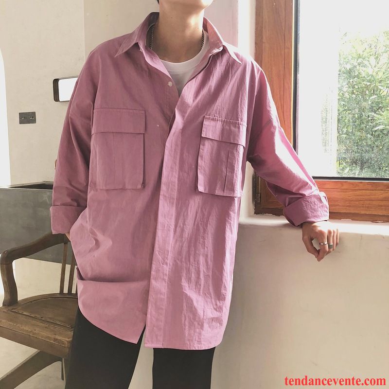 Chemise En Jean Noir Homme Homme Chemise Décontractée Rétro Tous Les Assortis Baggy Simple Longues Rose Tendance Pardessus Rouge Bureau