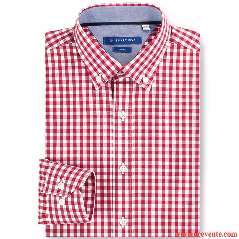 Chemise Jean Homme Homme Chemise Slim Jeunesse Carreaux Longues Décontractée Mode Rouge Coton Bio Or