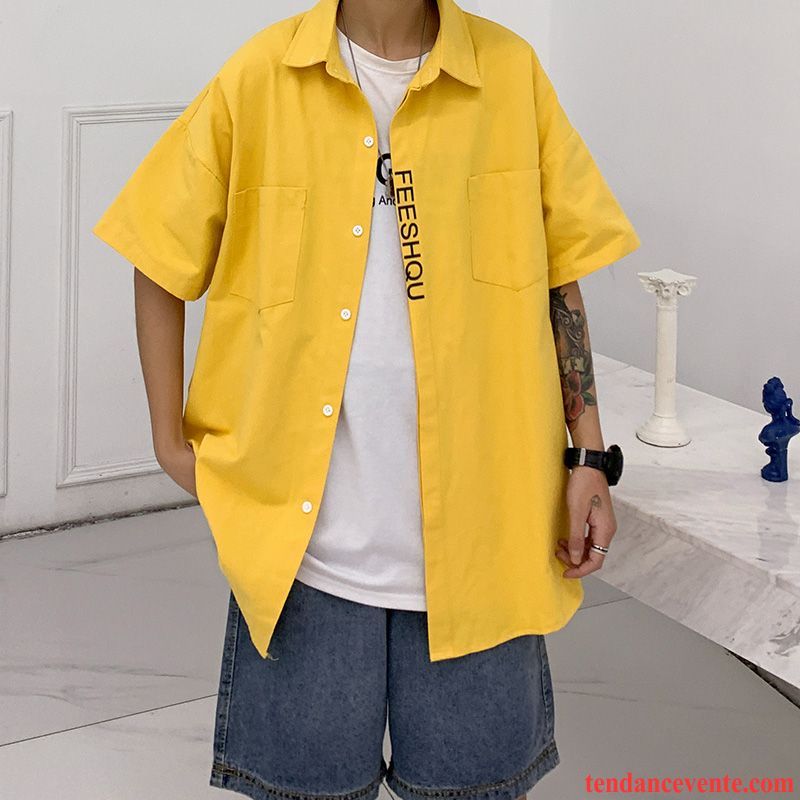 Chemises Homme Baggy Graisse Courte Été Demi Manche Taillissime Impression Jaune