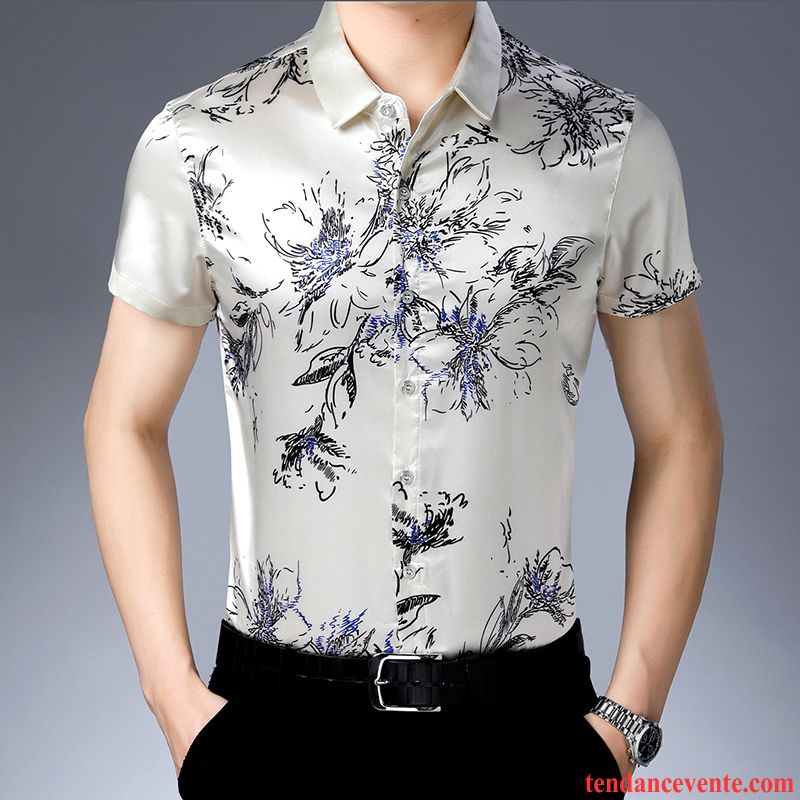 Chemises Homme Courte Floral Fleur Blanc