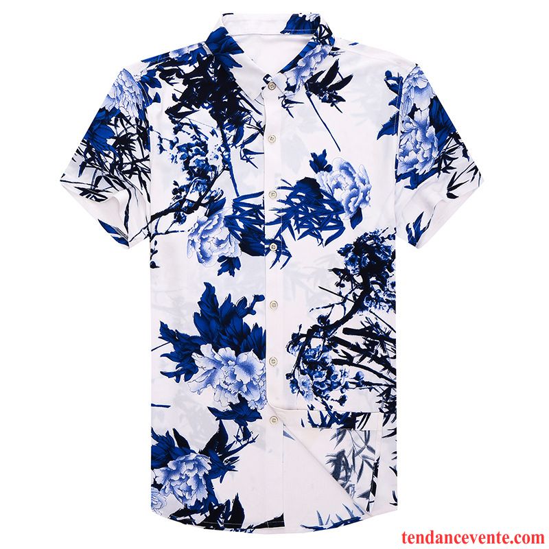 Chemises Homme Courte Style Chinois Tendance Fleur Personnalité Été Impression Bleu