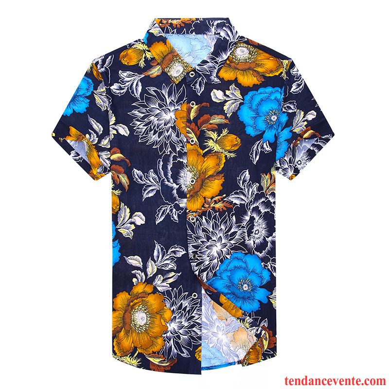 Chemises Homme Courte Été Fleurs Plage Gros Motif Impression Coloré