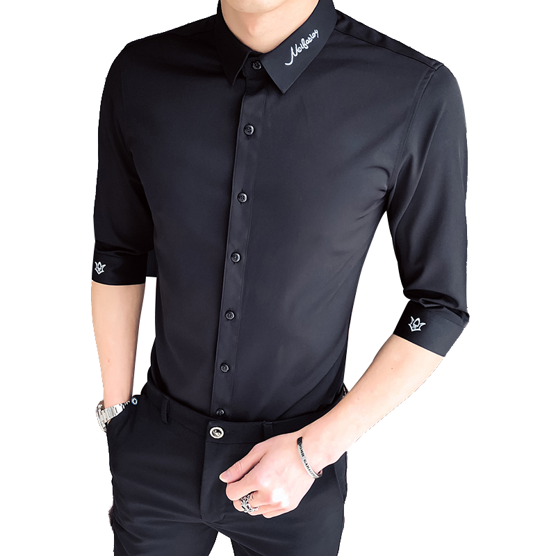 Chemises Homme Décontractée Été Tendance Courte Manche Broderie Blanc Noir