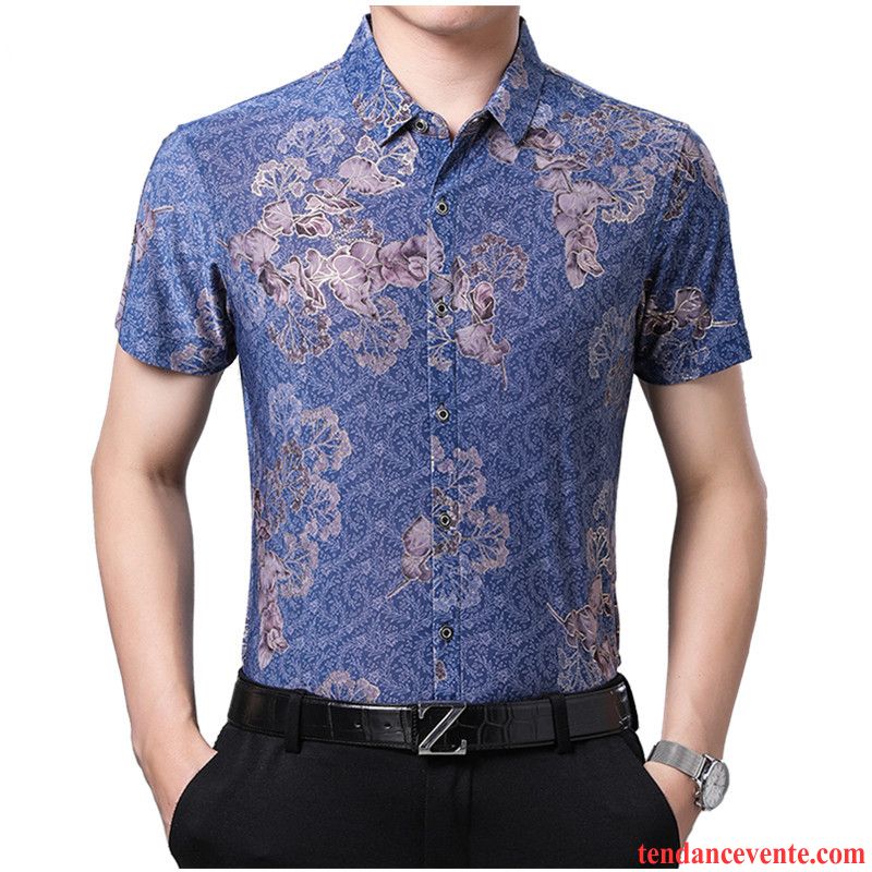 Chemises Homme Jeunesse Motif Été Fleur Personnalité Floral Impression Bleu Or