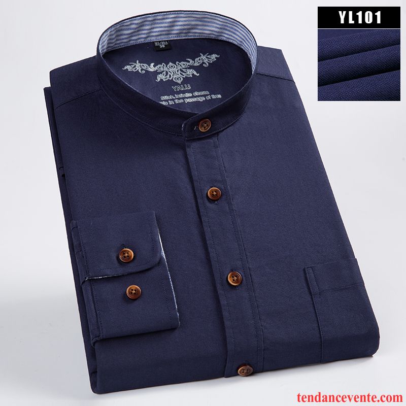 Chemises Homme L'automne Longues Coton Bio Jeunesse Col Mandarin Décontractée Pure Bleu