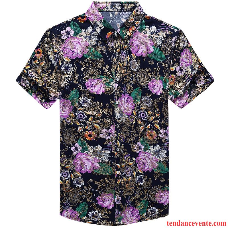 Chemises Homme Motif Courte Mode Été Fleur Tendance Impression Violet Or