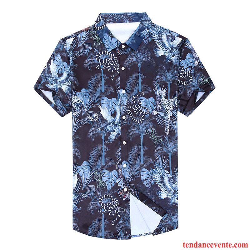 Chemises Homme Motif Courte Été Fleur Mode Tendance Impression Bleu