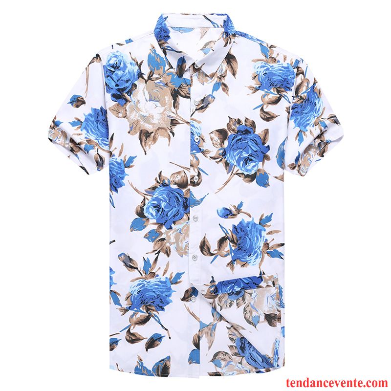 Chemises Homme Motif Style Chinois Demi Manche Fleur Courte Tendance Rose Impression Bleu