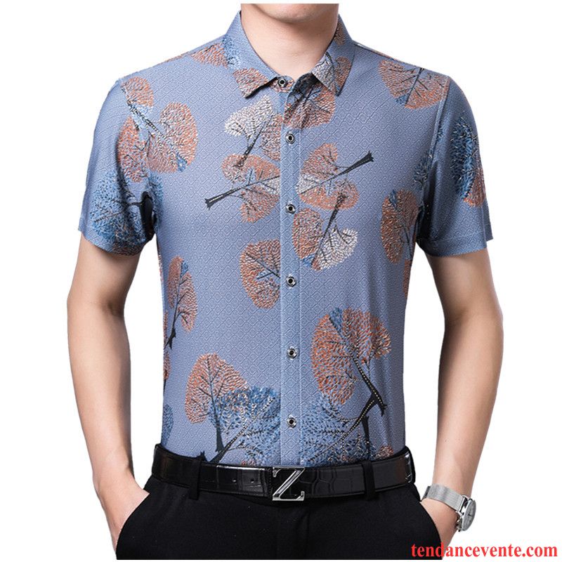 Chemises Homme Personnalité Jeunesse Fleur Décontractée Mode Courte Impression Bleu