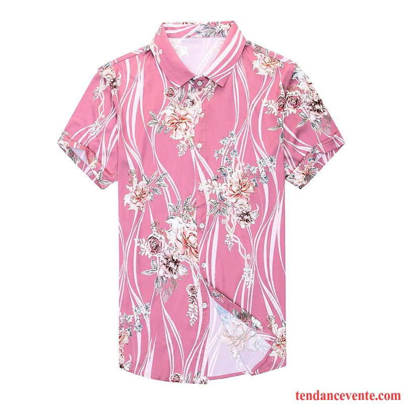 Chemises Homme Personnalité Motif Courte Fleurs Été Mode Impression Rose Or