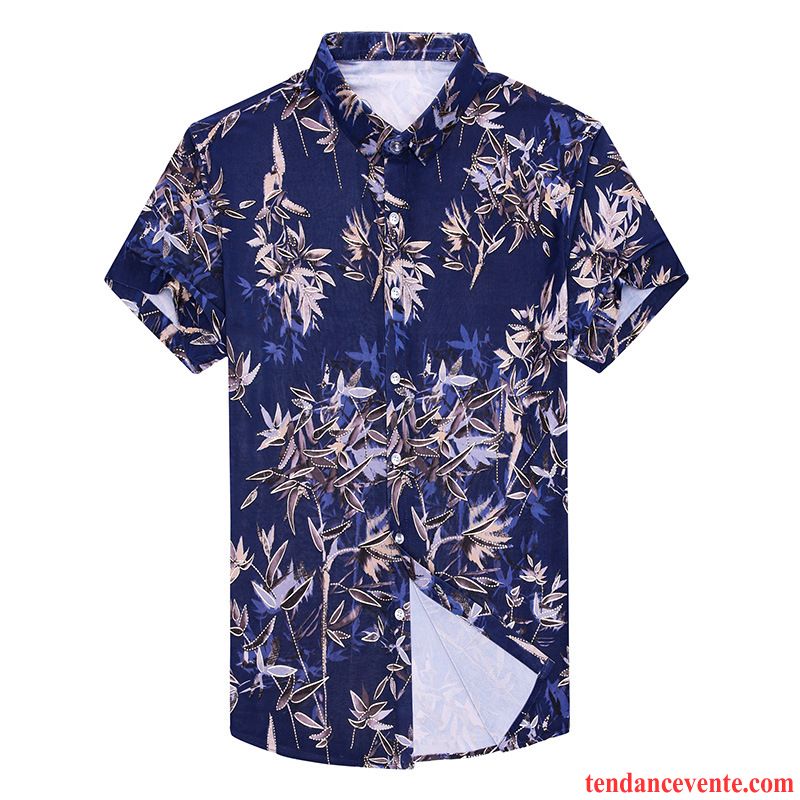 Chemises Homme Tendance Personnalité Mode Décontractée Courte Motif Bleu Marin Impression Or