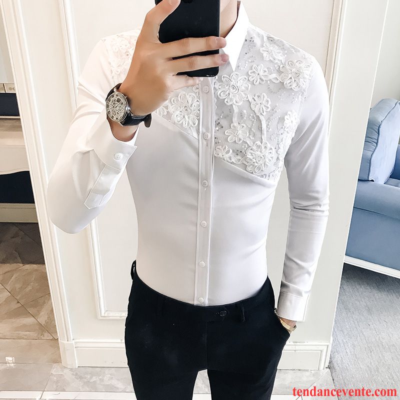 Chemises Homme Tendance Slim Longues Broderie Blanc