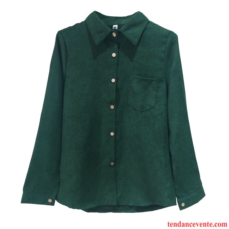 Chemisiers Femme Printemps Baggy Une Veste Chemise Longues Rétro Vert Foncé Pure