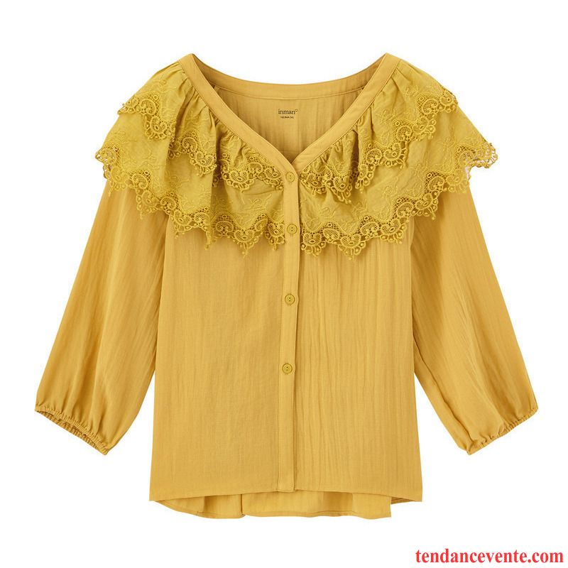 Chemisiers Femme Épissure Printemps Dentelle Une Veste Chemise Littérature Art Pure Jaune