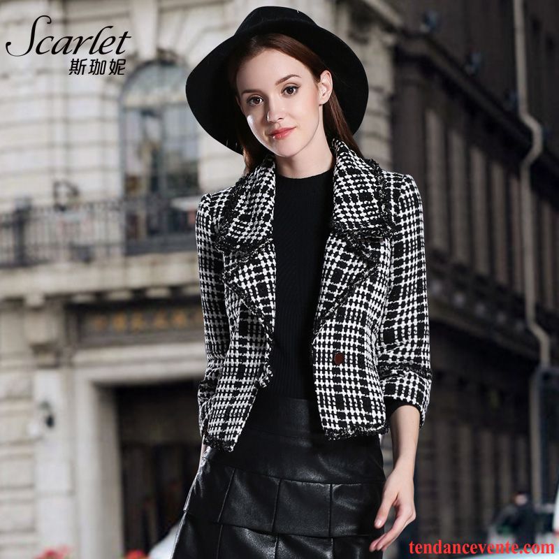 Costume Chaud Femme Blazer Mince Tous Les Assortis Hiver Pardessus De Laine Slim Court L'automne Femme Revers Roulé Carreaux Courte Brun