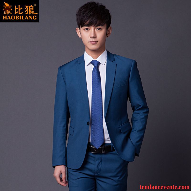 Costume Homme Discount Jeunesse Mariage Homme Blazer Tendance Ensemble Bleu Mode Slim Pas Cher