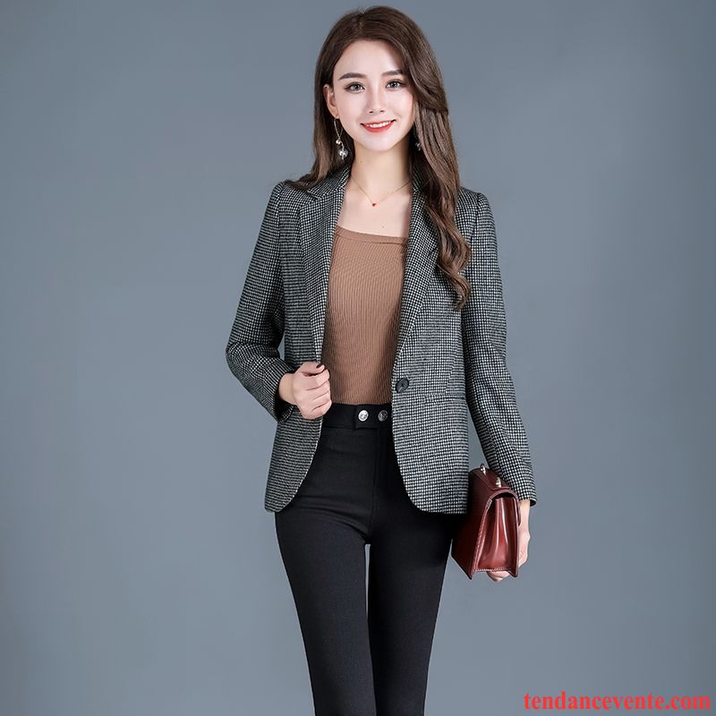 Costumes Blazer Femme Hiver Pardessus Carreaux Slim Court Décontractée Gris