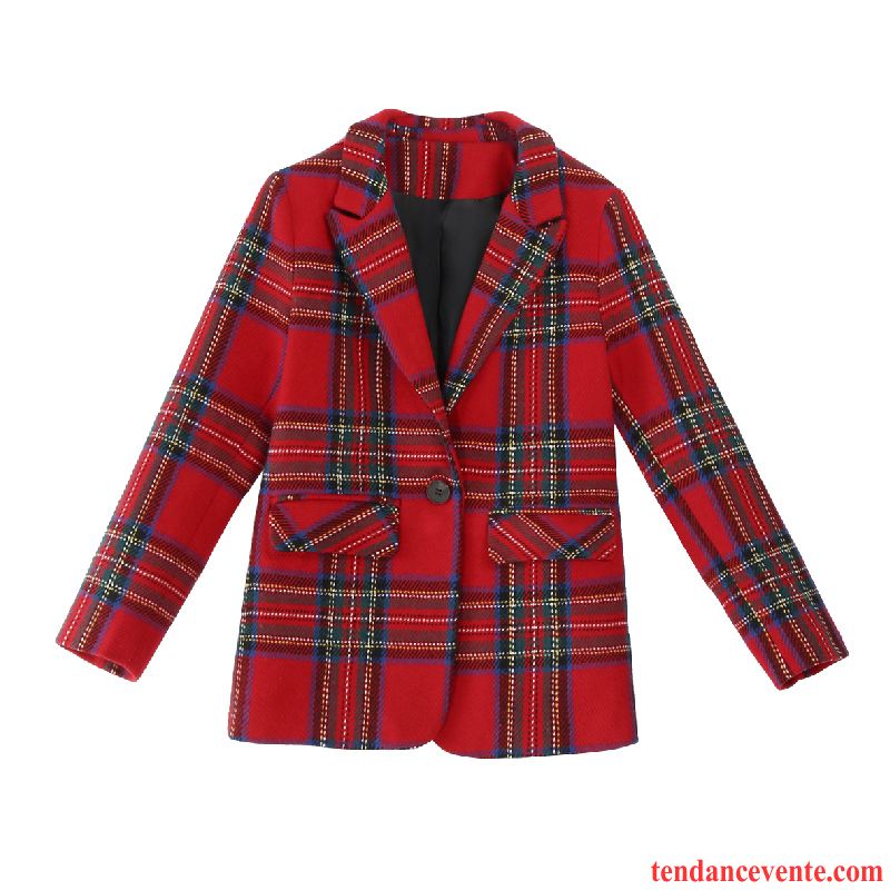 Costumes Blazer Femme Mode Vérifier Carreaux L'automne Pardessus Décontractée Court Rouge