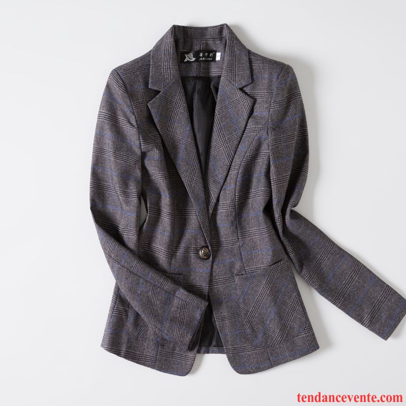 Costumes Blazer Femme Simple Slim L'automne Printemps Décontractée Vérifier Carreaux Gris Foncé