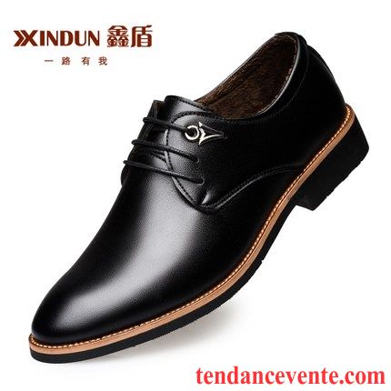 Derbies A Talon Noir Décontractée Angleterre Plus De Velours Entreprise Homme Tendance Hiver Cuir Véritable Jeunesse Noir Pointe Pointue