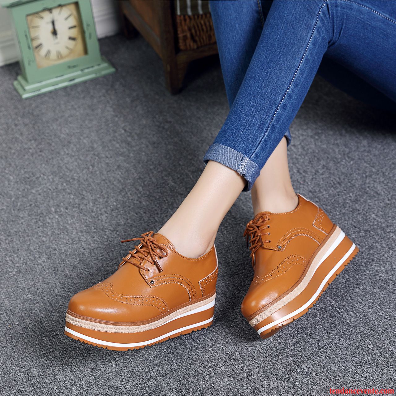 Derbies Femme Bleu Cuir Véritable Semelle Épaisse Tendance Augmenté Femme Rétro Angleterre Printemps Azur