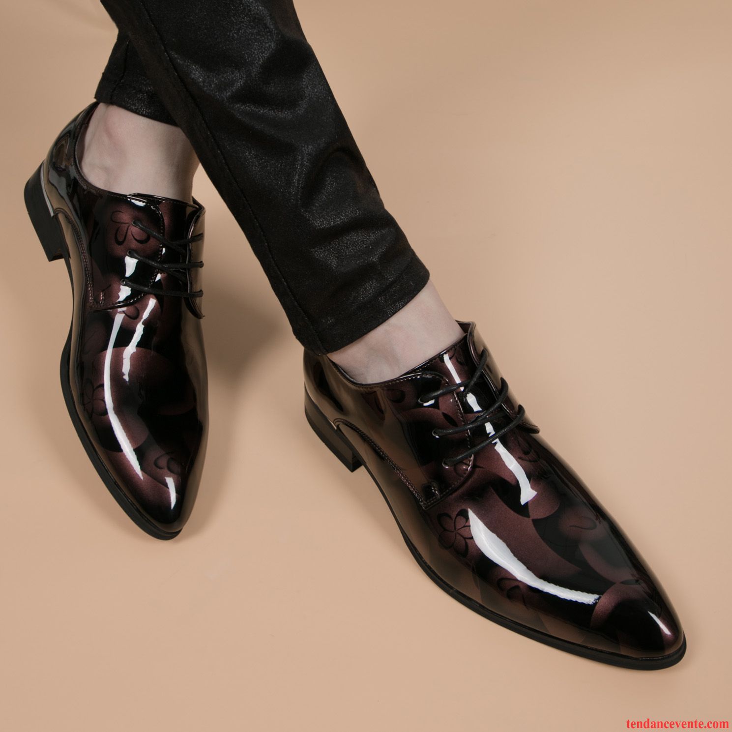 Derbies Homme Augmenté Tendance Mode Laçage Pointe Pointue Cuir Véritable Bordeaux Impression