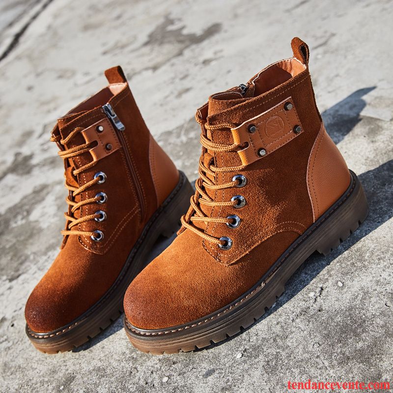 Des Bottes Pas Cher Femme Angleterre Laçage Printemps Femme Tous Les Assortis L'automne Tendance Délavé En Daim Cuir Véritable Plates Marine Pas Cher