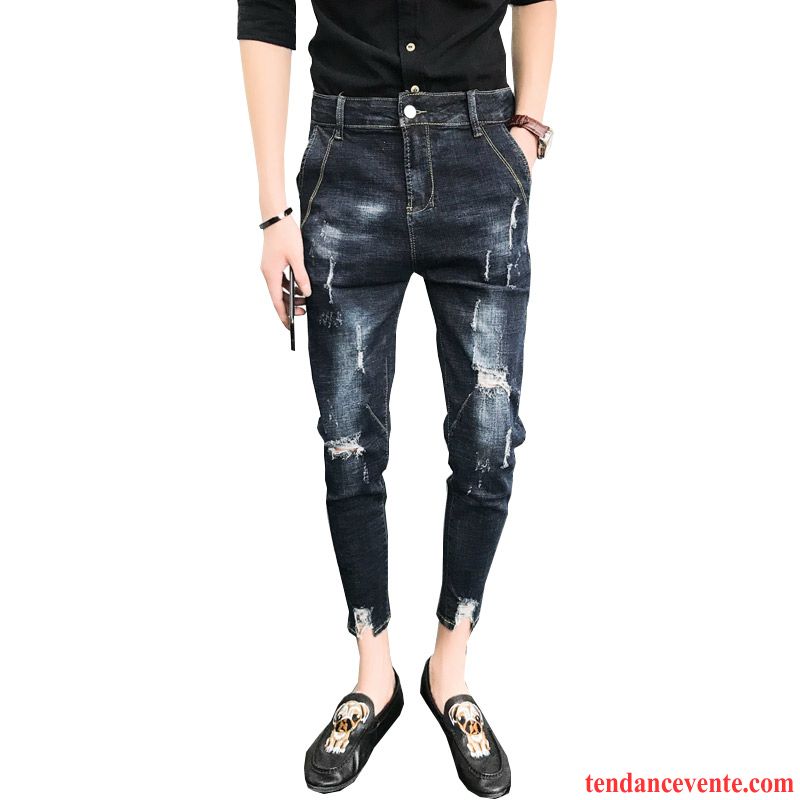 Destockage Jeans Homme Bleu Extensible Slim Tendance Été Maigre Neuvième Pantalon Homme Troués Or Pas Cher