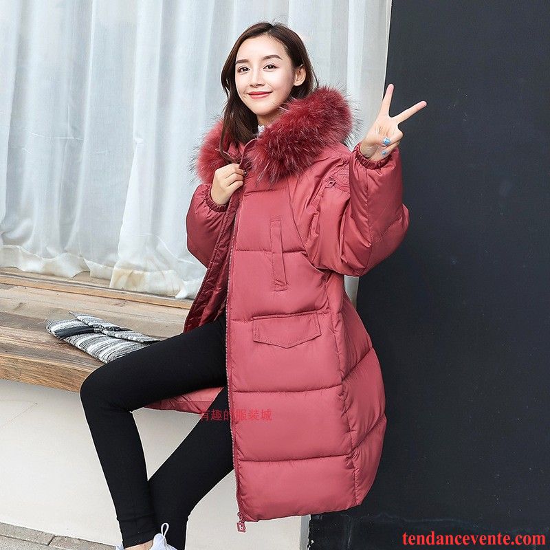 Doudoune Femme Brillante Pardessus Épais Vêtements D'hiver Encapuchonné Grand Col De Fourrure Longue Femme Renforcé Manteau En Coton Rouge Matelassé Matelassée Vente