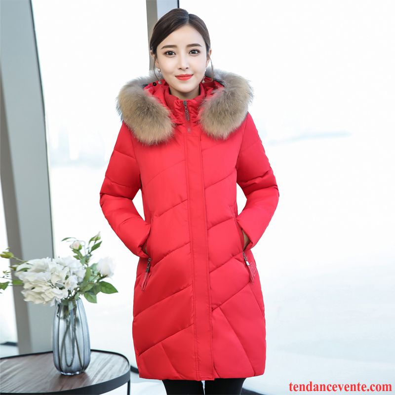 Doudoune Femme Grande Taille Avec Fourrure Blanc Longue Ente Unten Grand Col De Fourrure Mince Tous Les Assortis Pardessus Femme Tendance Rouge Hiver