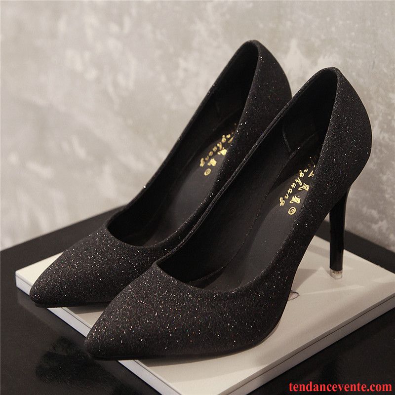 Escarpin Noir Gros Talon Femme Chaussures De Mariage Tous Les Assortis Poudre Argent Printemps L'automne Talons Minces Noir Derbies Pointe Pointue Ambre