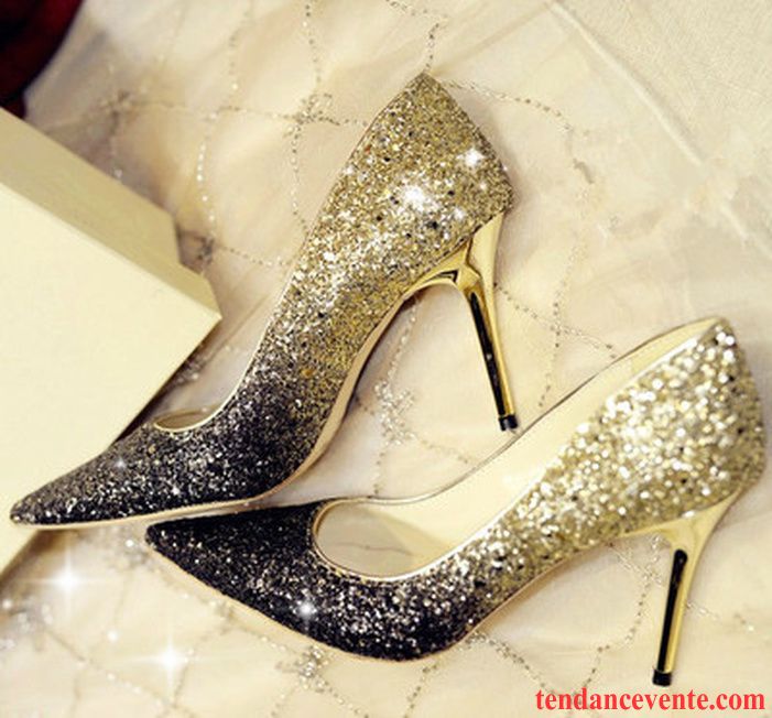 Escarpins Compensés Pas Cher Paillette Derbies Pointe Pointue Super Star Femme Chaussures De Mariage Talons Minces Or Cuir Véritable Blanc