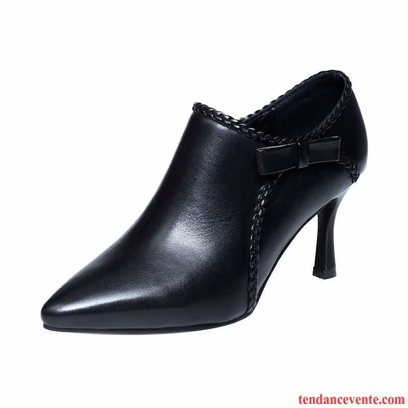 Escarpins Femme Derbies Cuir Véritable Printemps Tous Les Assortis Pointe Pointue Talons Minces Noir Foncé