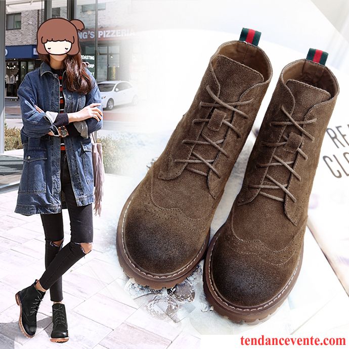 Femmes En Bottes De Cuir Cuir Véritable Plates Femme Délavé En Daim L'automne Augmenté Chaussures En Coton Angleterre Hiver Rétro Plus De Velours Laçage