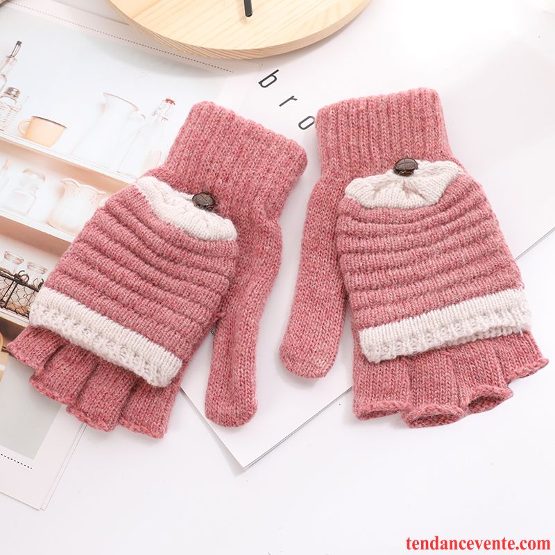 Gant Femme Étudiant L'automne Garder Au Chaud Hiver Demi-doigt Tricot Rose