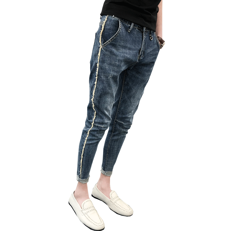 Jean Bretelle Homme Pantalon Homme Bleu Été Slim Tous Les Assortis Maigre Tendance Personnalité Neige