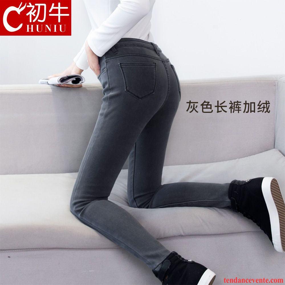 Jean Femme Noir Enduit Plus De Velours Pantalon Maigre Hiver Femme Forme Haute Cintrée L'automne Renforcé Noir Neuvième Pantalon Pensée Pas Cher