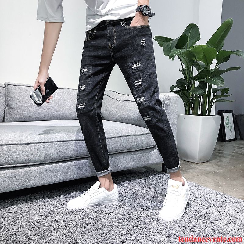 Jean Noir Dechiré Homme Extensible Homme Clair Troués Jambe Droite Neuvième Pantalon Slim Tendance L'automne Azur