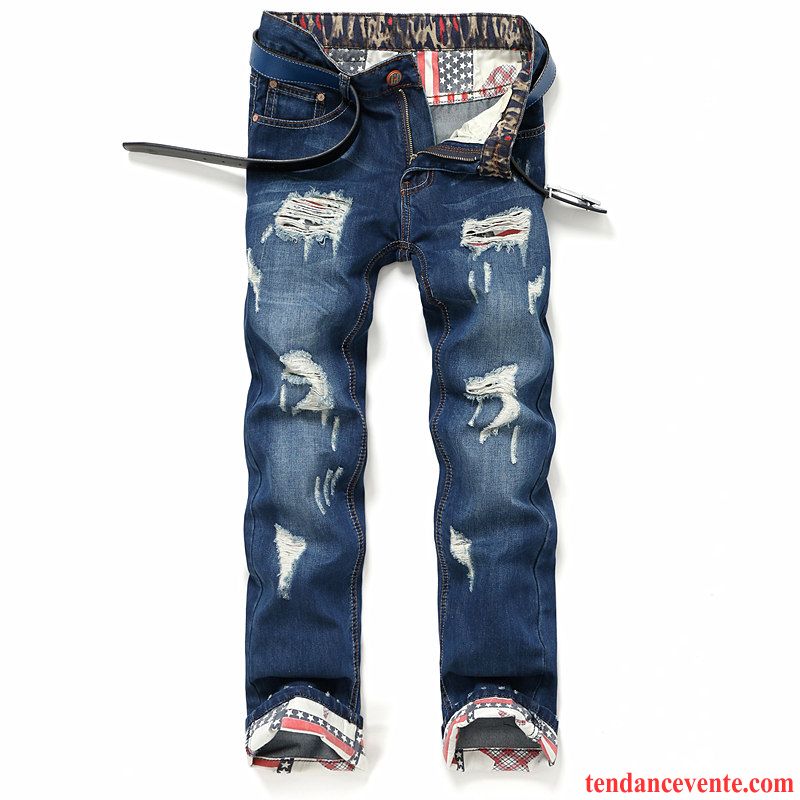 Jean Pour Homme Grand Pantalon Décontractée Tous Les Assortis Jambe Droite Tendance Homme Jeunesse Baggy Troués Bleu