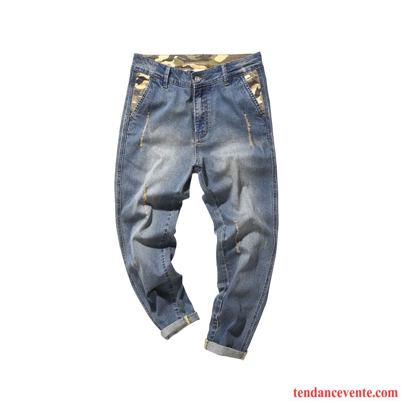 Jean Slim Delavé Homme Légère Été Harlan Baggy Pantalon Taillissime Homme Bleu Étudiant Troués Neuvième Pantalon Extensible