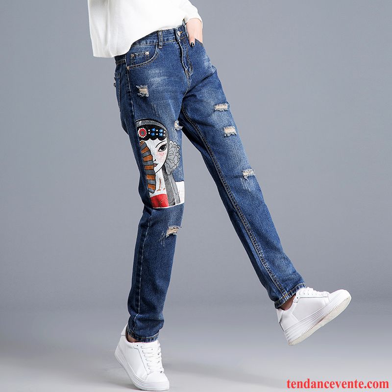 Jeans Femme Baggy Mode Troués Jambe Droite Tendance Décontractée Impression Bleu Foncé