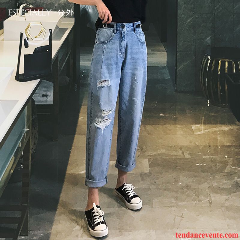 Jeans Femme Baggy Été Forme Haute Cintrée Harlan Légère Des Trous Dans Les Jeans Bleu Rouge