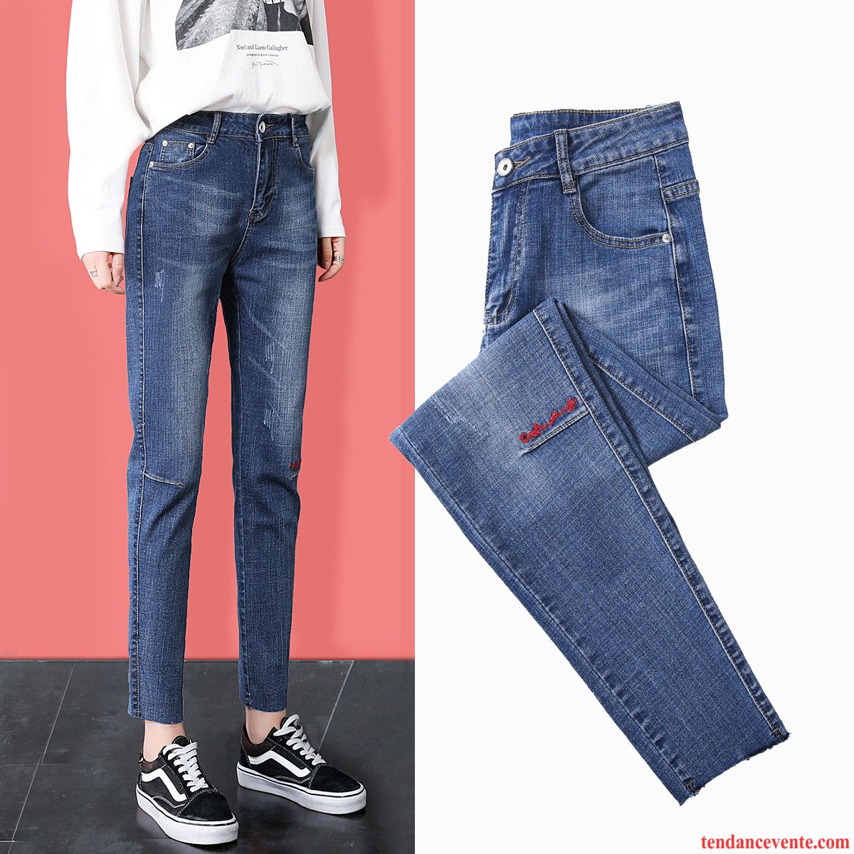 Jeans Femme Broderie Été Forme Haute Cintrée L'automne Baggy Jambe Droite Bleu Rouge